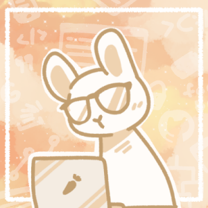 a drawing of a bunny with glasses looking at a laptop